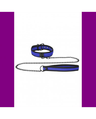 OUCH PUPPY PLAY - NEOPRENE COLLAR WITH LEASH - BLUE